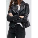 Stylish Womens PU Jacket Notched Collar Solid Color Oblique Zipper Placket Slim Fit Leather Jacket in Black