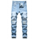 Simple Mens Jeans Medium Wash Zipper Placket Distressed Design Slim Fit Jeans with Pocket