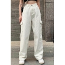 Funky Womens Jeans Solid Color Zipper Fly High Waist Wide Leg Straight Jeans with Flap Pockets