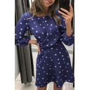 Vintage Womens Dress Draped Detail Round Collar Polka Dot Print Puff Sleeve Mini Dress