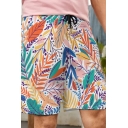 Men Leisure Shorts Plant Print Drawstring Waist Pocket Detail Mid Rise Regular Fit Shorts