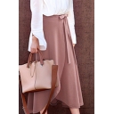 Trendy Ladies Asymmetrical Skirt Pure Color High Rise Split Detail Maxi Skirt with Bow