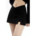 Sexy Ladies Mini Skirt Pure Color Split Decoration Slim Fit A-Line Skirt