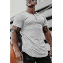 Men's Basic T-Shirt Solid Color Short Sleeve Curved Hem Button Detail Regular Fit T-Shirt