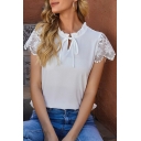 Sexy Womens Lace Shirt Pure Color Crew Neck Lace-Up Short Sleeve Regular Fit Shirt with Ruffles