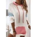 Simple Hoodie Color-blocking Pocket Long Sleeve Regular Hooded Drawstring Hoodie for Girls