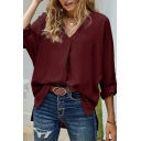 Vintage Womens Blouses Shirt Chiffon V Neck Solid Color Long Sleeve Oversized Shirt