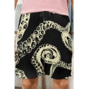 Leisure Black Shorts Tentacle Print Drawstring Waist Pocket Detail Regular Fit Shorts for Men