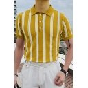 Urban Mens Polo Shirt Stripe Print Button Detail Spread Collar Regular Fit Polo Shirt in Yellow