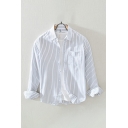 Guys Fashion Shirt Stripe Print Chest Pocket Long Sleeve Spread Collar Fit Button Up Shirt
