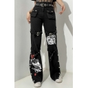 Street Look Womens Jeans Painted Design Zip Fly Press-Stud Vent High Rise Belted Straight Denim Pants