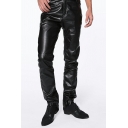 Daily Mens Pants Button Placket PU Leather Pocket Detail Mid Rise Full Length Regular Fit Pants in Black