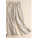 Simple Ladies Crop Pants Solid Color Cotton and Linen Elastic Waist Long Straight Wide Leg Pants