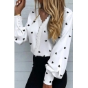 Vintage Womens Printed Shirt V Neck Lace Decorated Button Closure Slim Fit Shirt