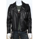 Formal Leather Jacket Solid Spread Collar Zip-up Front Pocket Belt Leather Jacket for Guys