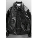Daily Mens Jacket Turn-down Collar Pocket Detail Button Closure Fitted Leather Jacket in Black