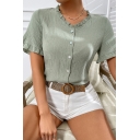 Leisure Womens Plain Shirt Round Collar Plain Button Up Short Sleeve Slim Fit Shirt with Ruffles