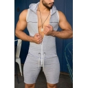 Hip-hop Rompers Line Printed Hooded Sleeveless Zipper Drawcord Pocket Rompers for Men