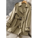 Leisure Belted Trench Coat Plain Notched Lapel Double Breasted Regular Fit Trench Coat for Ladies