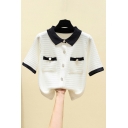 Unique Womens Top Spread Collar Contrast Trim Button Closure Short Sleeve Loose Fit Knitted Top