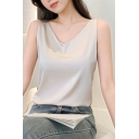 Comfortable Satin Tank Tee Pure Color V Neck Loose Fit Tank Top for Women