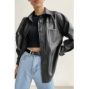 Basic Womens Leather Jacket Solid Color Lapel Collar Button Down Oversized PU Jacket with Pocket