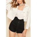 Chic Womens Denim Jacket Spread Collar Button Up Fringe Detail Regular Fit Crop Denim Jacket in White