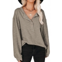 Casual Plain T-Shirt Round Collar 1/2 Button Up Long Puff Sleeve Oversized T-Shirt for Ladies