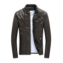 Trendy Plain Mens Jacket Stand Collar Pocket Detail Zip Closure Fitted Leather Jacket