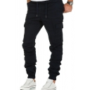 Retro Pants Solid Color Drawstring Mid Rise Slim Flap Pocket Long Length Pants for Men