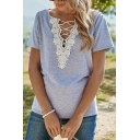 Casual Womens T-Shirt V Neck Lace Decorated Slim Fit Short-Sleeved T-Shirt with Beading