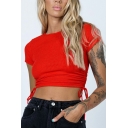 Sexy Plain T-Shirt Crew Neck Ruched Sides Short Sleeve Slim Fit Cropped T-Shirt for Women
