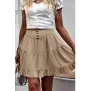 Modern Ladies A-Line Skirt Solid Color Midi Rise Button Detail Mini Skirt with Ruffles