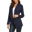 Fancy Womens Blazer Waterfall Collar Open Front Solid Color Zip Pockets Slim Fitted Blazer