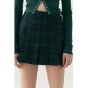 Stylish Womens Pleated Skirt Plaid Pattern Mini Skirt with Buckle