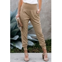 Leisure Womens Crop Pants Pure Color High Waist Split Detail Slim Fit Joggers Pants