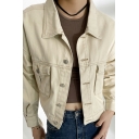 Simple Womens Jacket Plain Lapel Collar Flap Pockets Single Breasted Long Sleeve Denim Jacket