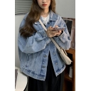 Retro Womens Jacket Spread Collar Flap Pockets Front Loose Fit Denim Jacket with Washing Effect