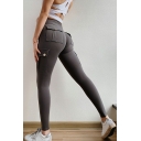 Leisure Womens Leggings Plain Flap Pockets Elastic Waist Mid Rise Workout Leggings