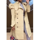 Modern Ladies Trench Coat Plain Lapel Collar Double Breasted Puff Sleeve Tied Waist Long Trench Coat
