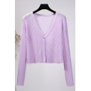 Simple Ladies Sweater Plain V Neck One Button Long Sleeve Cropped Cardigan