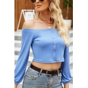 Hot Cropped Knit Top Plain Off the Shoulder Button Up Long Puff Sleeve Knit Top for Women