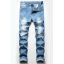 Popular Mens Jeans Medium Wash Zipper Placket Distressed Design Slim Fit Jeans with Pocket