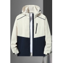 Men Street Look Jacket Color Panel Front Pocket Zip Up Drawstring Hooded Jacket