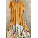 Leisure Womens Dress Floral Patchwork Round Neck Short Sleeve Midi T-Shirt Dress
