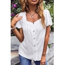 Casual Womens Plain Shirt Square Neck Button Up Short Sleeve Loose Fit Shirt