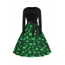 Leisure Womens A-Line Dress Patchwork Clover Print Round Collar Long Sleeve Midi Dress with Bow