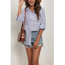 Classical Womens Shirt Spread Collar Stripe Pattern Button Down Long Sleeve Loose Fit Shirt