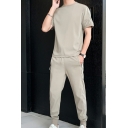 Simple Mens Co-ords Lines Pattern Round Neck Short Sleeve T-Shirt with Pants Two Piece Set