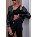 Creative Womens PU Jacket Notched Lapel Collar Pure Color Loose Fit Belted Leather Jacket with Flap Pocket